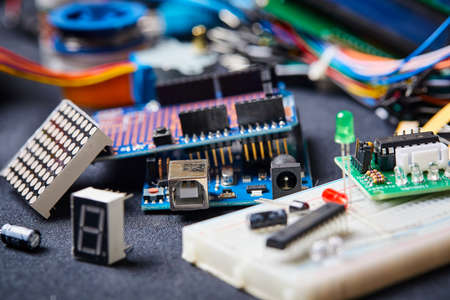 electronic board and tools repairs on black backgroundの写真素材