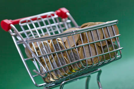 coins in the shopping basketの写真素材