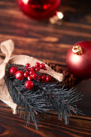 pine branch with berries and conesの写真素材