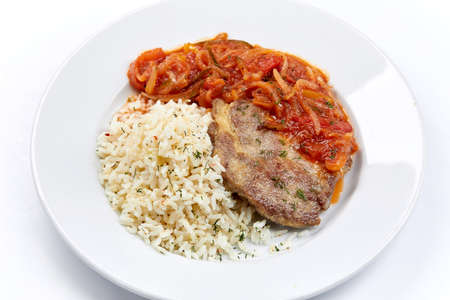 meat with rice and vegetablesの写真素材