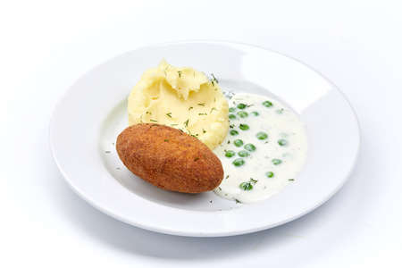 cutlet with mashed potatoes and sauceの写真素材