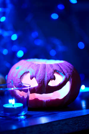 Halloween pumpkin and candle lightsの写真素材