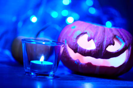 Halloween pumpkin and candle lightsの写真素材