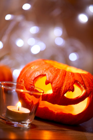 Halloween pumpkin and candle lightsの写真素材