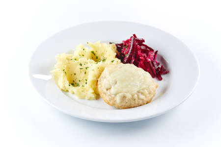 cutlet with mashed potatoes and saladの写真素材