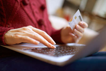 Online shopping concept, woman with credit cardの写真素材