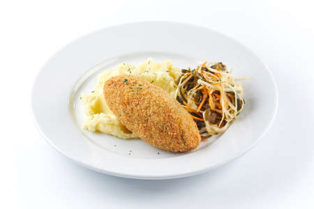 cutlet with mashed potatoes and saladの写真素材