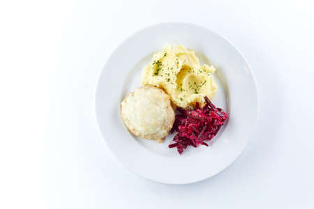 cutlet with mashed potatoes and saladの写真素材