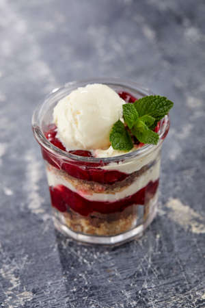 ice cream with fresh fruits and syrupの写真素材