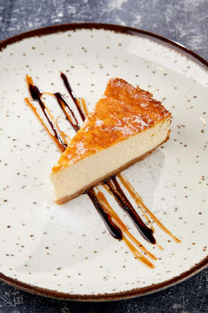 tasty cheesecake with chocolate sauceの写真素材