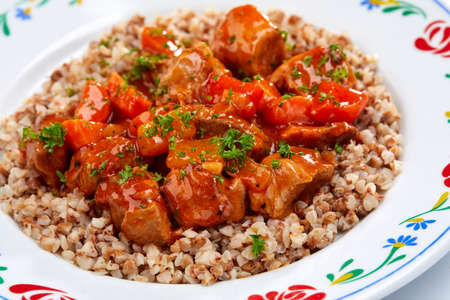 pork with buckwheat and vegetablesの写真素材