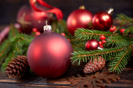 Christmas decoration with ball and fir branchesの写真素材