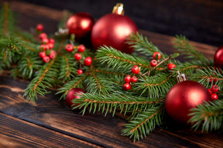 Christmas decoration with ball and fir branchesの写真素材