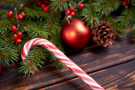 Christmas decoration with ball and fir branchesの写真素材