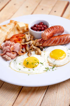 breakfast with sausage and toastsの写真素材