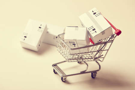 shopping trolley with boxesの写真素材