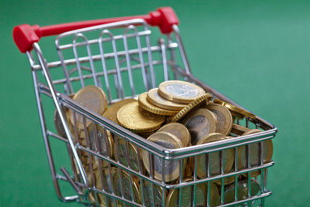 coins in the shopping basketの写真素材