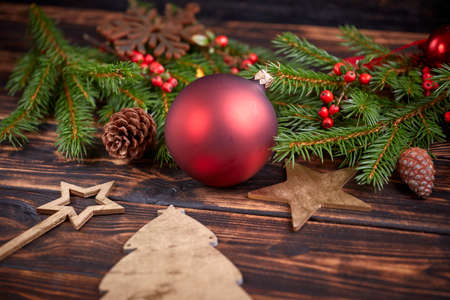 Christmas decoration with ball and fir branchesの写真素材