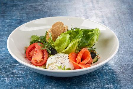 salad with mozzarella and salmonの写真素材