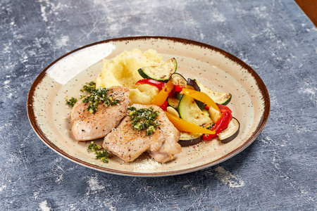 chicken with mashed potatoes and vegetablesの写真素材