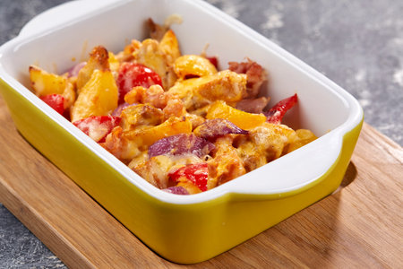 roasted vegetables with meat and cheeseの写真素材