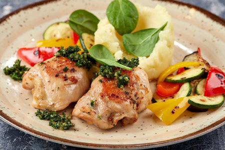 chicken with mashed potatoes and vegetablesの写真素材