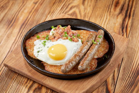 potato pancakes with bacon and fried eggの写真素材