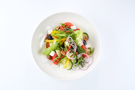 Greek salad on the white backgroundの写真素材