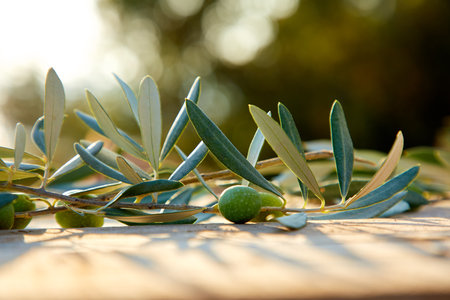 olive oil and green olive on the wooden backgroundの写真素材