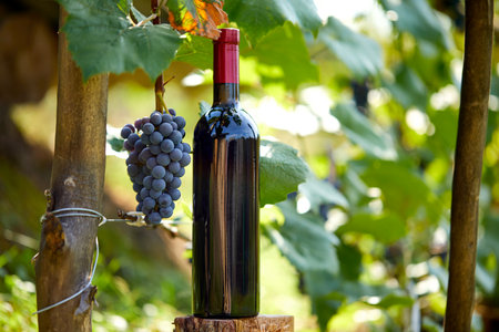 bottle of red wine and grapesの写真素材