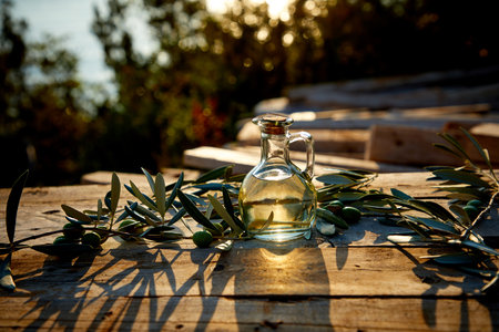 olive oil and green olive on the wooden backgroundの写真素材