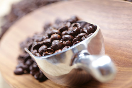 coffee beans in the spoonの写真素材
