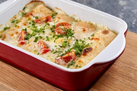 tasty lasagna in the bowlの写真素材