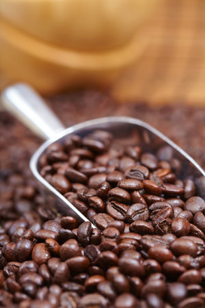 coffee beans in the spoonの写真素材