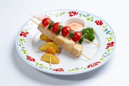 chicken kebab with sauce and vegetablesの写真素材