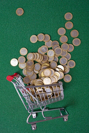 coins in the shopping basketの写真素材
