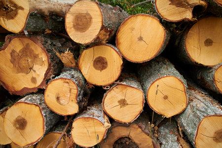 stacked logs of cut trees in the forest