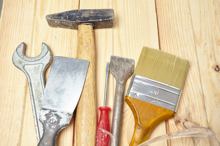 set of tools on the wood backgroundの写真素材