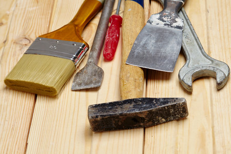 set of tools on the wood backgroundの写真素材