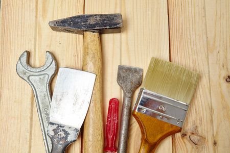 set of tools on the wood backgroundの写真素材