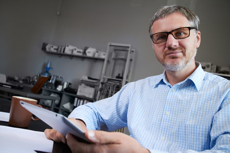 Middle age man working in home office with pc tabletの写真素材