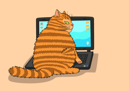 Sly red cat turned on the laptop and plays on it.のイラスト素材