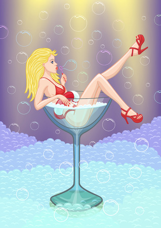 The girl bathes in a glass of foam water.のイラスト素材