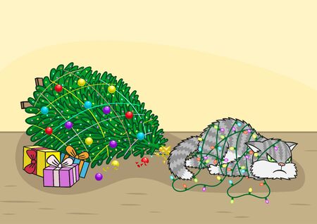 The cat wanted to play with the Christmas tree, but got lost in the garland.のイラスト素材