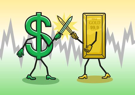 Gold prices against the dollar, jumping up and down.のイラスト素材