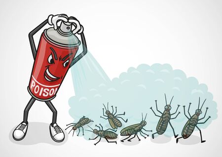 The cartoon spray can sprays poison on cockroaches.のイラスト素材