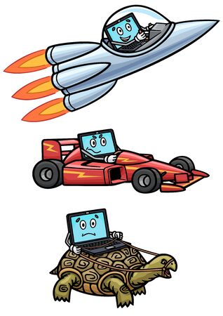 A computer can be fast as a rocket, agile as a race car, or slow as a turtle.のイラスト素材
