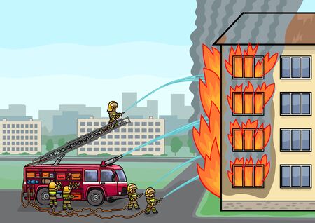 A team of firefighters arrived to extinguish a fire in a residential building. The team uses a fire truck and pours water on the fire.のイラスト素材