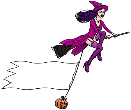 A beautiful young witch flies on a broom and shows a banのイラスト素材