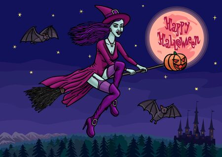 A young beautiful witch in a sexy dress flies on a broom at night to a Halloween party in the company of bats.のイラスト素材